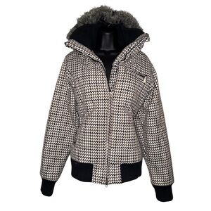 Roxy 5000 Houndstooth Snow Jacket Fur Line Hood Zip Up Coat Vintage Knit Utility